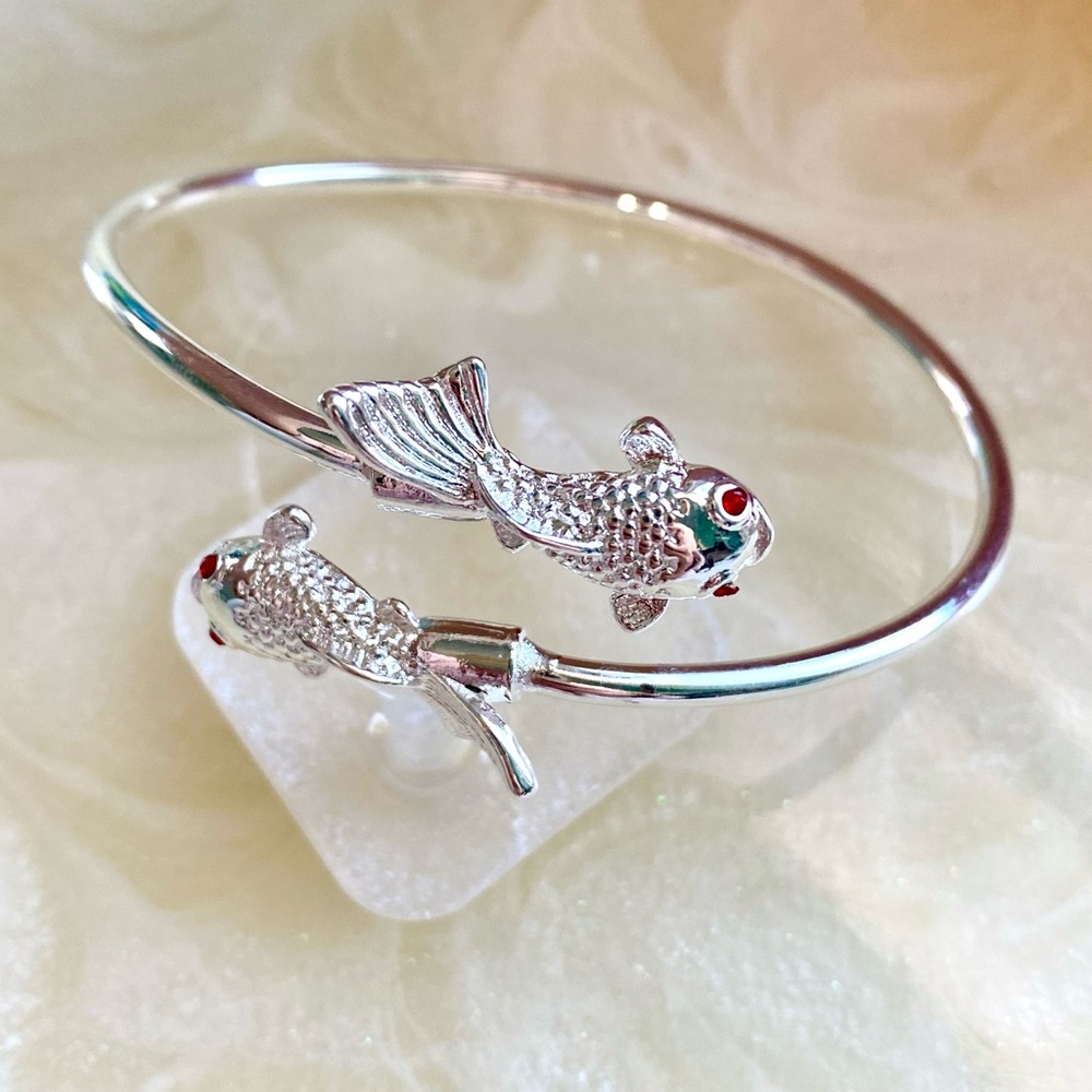Silver Koi Fish Bangle Bracelet - Elegant Fish Accent Jewelry
